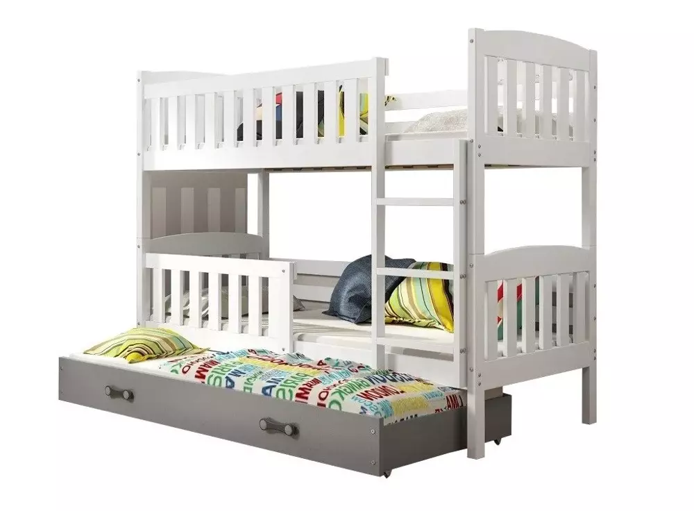 Moderne køyeseng Jacob 3 hvit/grå med madrasser for barn